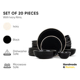 Ceramic Dinner Set Of 20 Pcs, Black Rim | Crockery Set For Dining Table - Glossy Finish Premium Stoneware | 6 Dinner Plates + 6 Quarter Plates+ 6 Veg Bowls, 180ml Each+ 2 Medium Bowls, 800ml Each